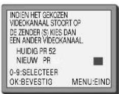 INDIEN HET GEKOZEN VIDEOKANAAL STOORT OP DE ZENDER (S): KIES DAN EEN ANDER VIDEOKANAAL. HUIDIG PR 52 NIEUW PR 0-9:SELECTEER OK:BEVESTIG MENU:EIND