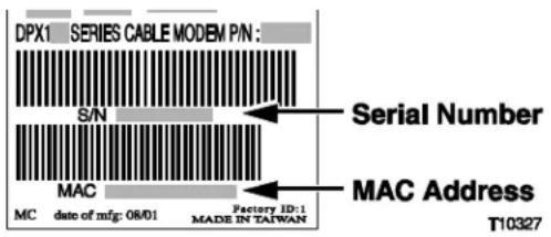 DPX1 SERIES CABLE MODEM P/N : S/N Serial Number MAC MAC Address MC date of mfg: 08/01 Factory ID: 1 MADE IN TAIWAN T10327