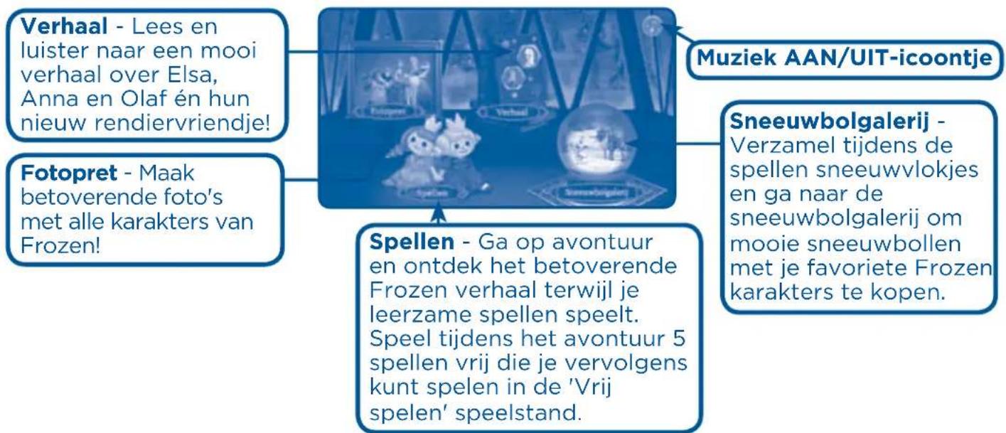 graph TD A["Spellen - Ga op avontuur en ontdek het betoverende Frozen verhaal terwijl je leerzame spellen speelt. Speel tijdens het avontuur 5 spellen vrij die je vervolgens kunt spelen in de 'Vrij spelen' speelstand."] --> B["Fotopret - Maak betoverende foto's met alle karakters van Frozen!"] A -->…