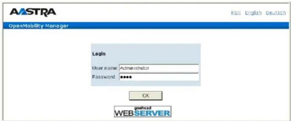 AASTRA PAX English Deutsch OpenMobility Manager Login User name Administrator Password ***** OK goahead WEB SERVER
