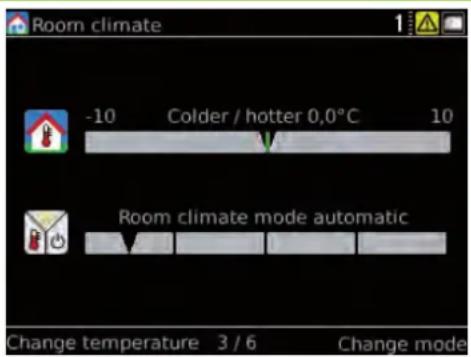 Room climate -10 Colder / hotter 0,0°C 10 Room climate mode automatic Change temperature 3 / 6 Change mode