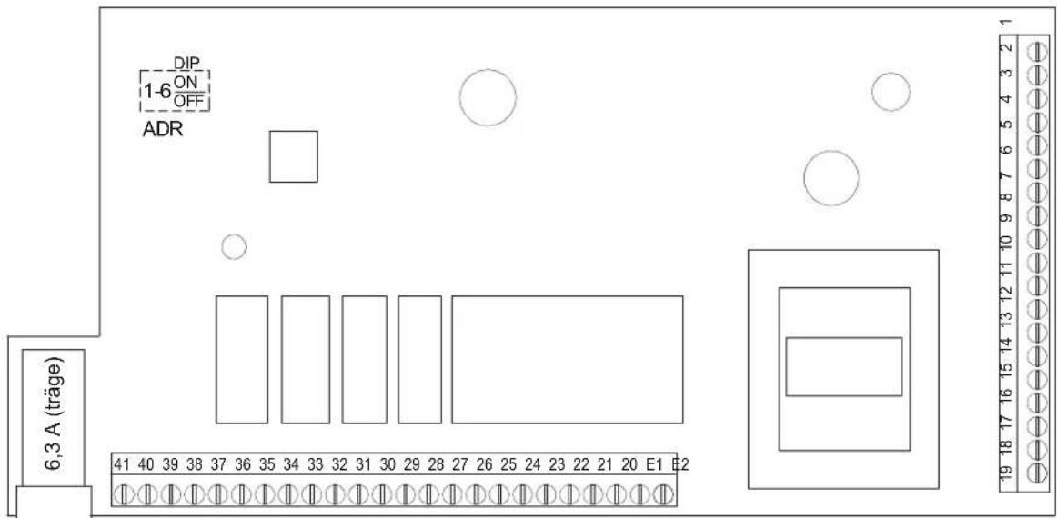 DIP 1-6 ON OFF ADR 6,3 A (träge) 41 40 39 38 37 36 35 34 33 32 31 30 29 28 27 26 25 24 23 22 21 20 E1 E2 19 18 17 16 15 14 13 12 11 10 9 8 7 6 5 4 3 2