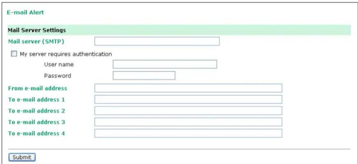 E-mail Alert Mail Server Settings Mail server (SMTP) My server requires authentication User name Password From e-mail address To e-mail address 1 To e-mail address 2 To e-mail address 3 To e-mail address 4 Submit
