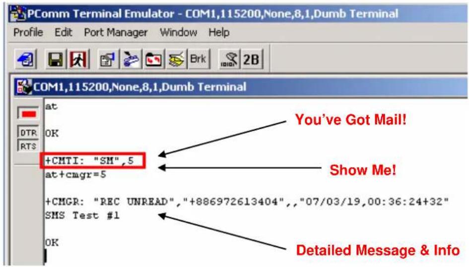 PComm Terminal Emulator - COM1,115200,None,8,1,Dumb Terminal Profile Edit Port Manager Window Help COM1,115200,None,8,1,Dumb Terminal at OK +CMTI: "SM",5 at+cmgr=5 +CMGR: "REC UNREAD","+886972613404","07/03/19,00:36:24+32" SMS Test #1 OK You've Got Mail! Show Me! Detailed Message & Info