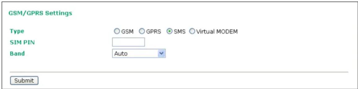 GSM/GPRS Settings Type GSM GPRS SMS Virtual MODEM SIM PIN Band Auto Submit