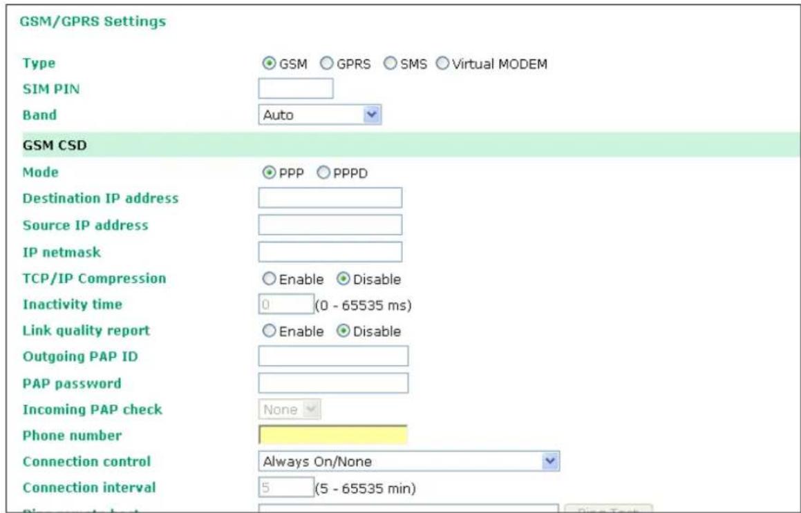 GSM/GPRS Settings Type GPM GPRS SMS Virtual MODEM SIM PIN Band Auto GSM CSD Mode PPP PPPD Destination IP address Source IP address IP netmask TCP/IP Compression Enable Disable Inactivity time 0 (0 - 65535 ms) Link quality report Enable Disable Outgoing PAP ID PAP password Incoming PAP check None Phone number Connection control Always On/None Connection interval 5 (5 - 65535 min)