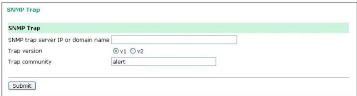 SNMP Trap SNMP Trap SNMP trap server IP or domain name Trap version v1 v2 Trap community alert Submit