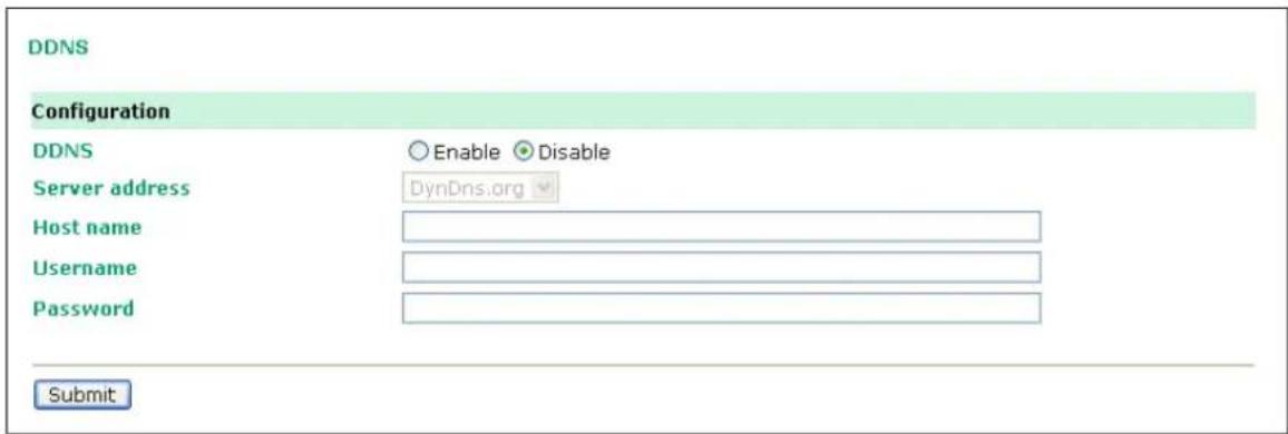 DDNS Configuration DDNS Enable Disable Server address DynDns.org Host name Username Password Submit