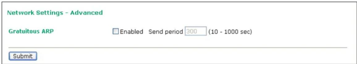 Network Settings - Advanced Gratuitous ARP Enabled Send period 300 (10 - 1000 sec) Submit