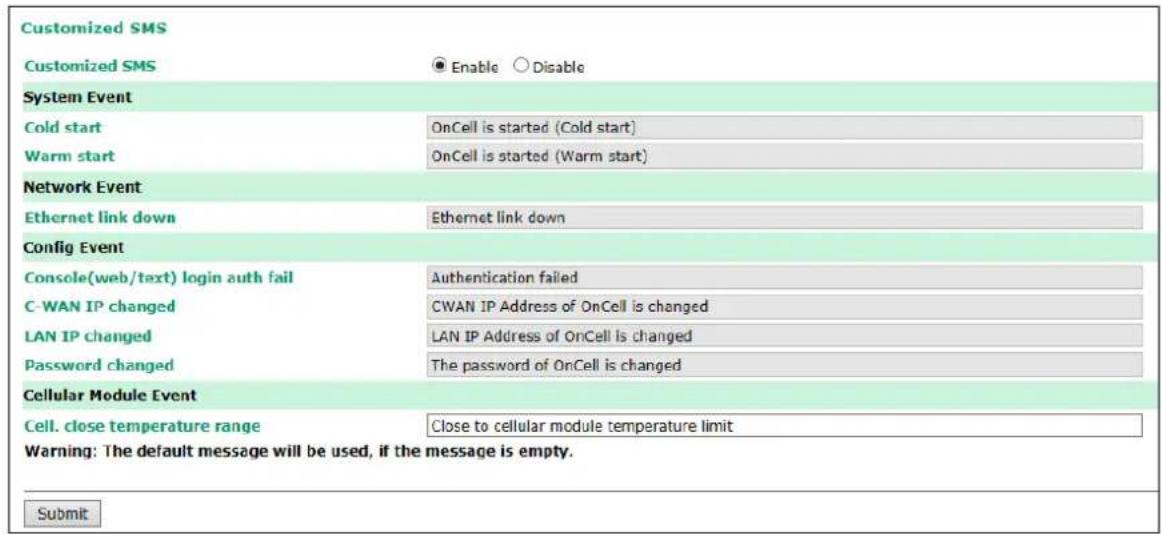 Customized SMS Customized SMS ● Enable ○ Disable System Event Cold start OnCell is started (Cold start) Warm start OnCell is started (Warm start) Network Event Ethernet link down Ethernet link down Config Event Console(web/text) login auth fail Authentication failed C-WAN IP changed CWAN IP Address of OnCell is changed LAN IP changed LAN IP Address of OnCell is changed Password changed The password of OnCell is changed Cellular Module Event Cell. close temperature range Close to cellular module temperature limit Warning: The default message will be used, if the message is empty. Submit