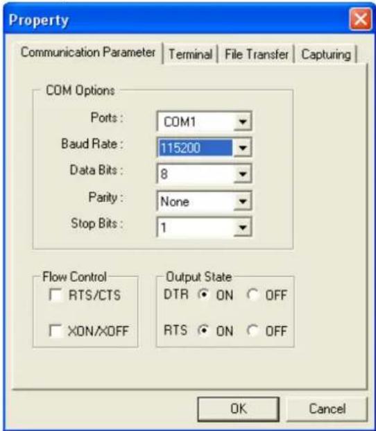 Property Communication Parameter | Terminal | File Transfer | Capturing | COM Options Ports : COM1 Baud Rate : 115200 Data Bits : 8 Parity : None Stop Bits : 1 Flow Control RTS/CTS XON/XOFF Output State DTR ON OFF RTS ON OFF OK Cancel