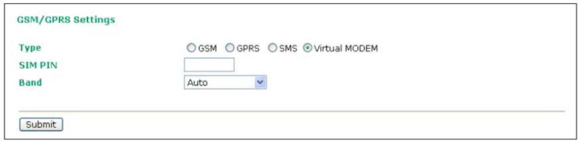 GSM/GPRS Settings Type GSM GPRS SMS Virtual MODEM SIM PIN Band Auto Submit