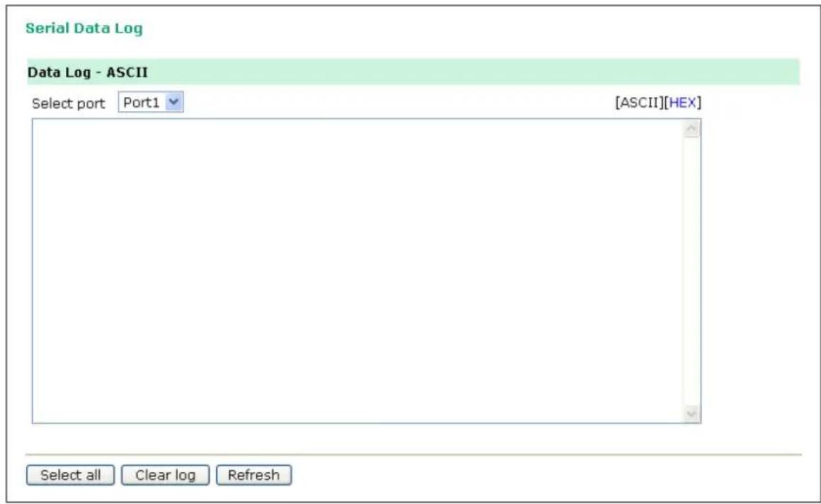 Serial Data Log Data Log - ASCII Select port Port1 [ASCII][HEX] Select all Clear log Refresh