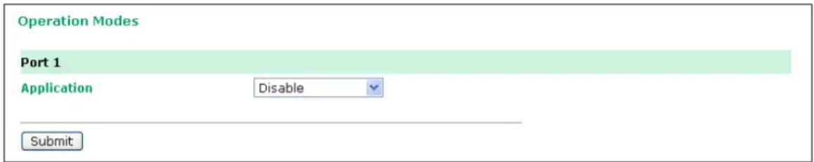Operation Modes Port 1 Application Disable Submit