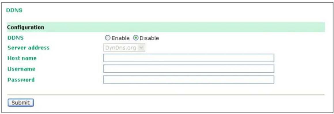 DDNS Configuration DDNS Enable Disable Server address DynDns.org Host name Username Password Submit