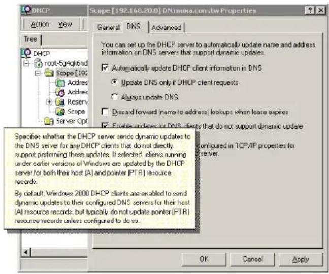 DHCP Scope [192.160.20.0] DN.moxa.com.tw Properties Action View Tree DHCP root-5g4g4knd Scope [192 Addres Addres Reserv Scope Server Opt General DNS Advanced You can set up the DHCP server to automatically update name and address information on DNS servers that support dynamic updates. ✓ Automatically update DHCP client information in DNS ● Update DNS only if DHCP client requests ○ Always update DNS □ Discard forward (name-to-address) lookups when lease expires ✓ Enable updates for DNS clients that do not support dynamic update Specifies whether the DHCP server sends dynamic updates to the DNS server for any DHCP clients that do not directly support performing these updates. If selected, clients running under corner versions of Windows are updated by the DHCP server for both their host (A) and pointer (PTR) resource records. By default, Windows 2008 DHCP clients are enabled to send dynamic updates to their configured DNS servers for their host (AI) resource records, but typically do not update pointer (PTR) resource records unless configured to do so. Configured in TCP/IP properties for a server. OK Cancel Apply