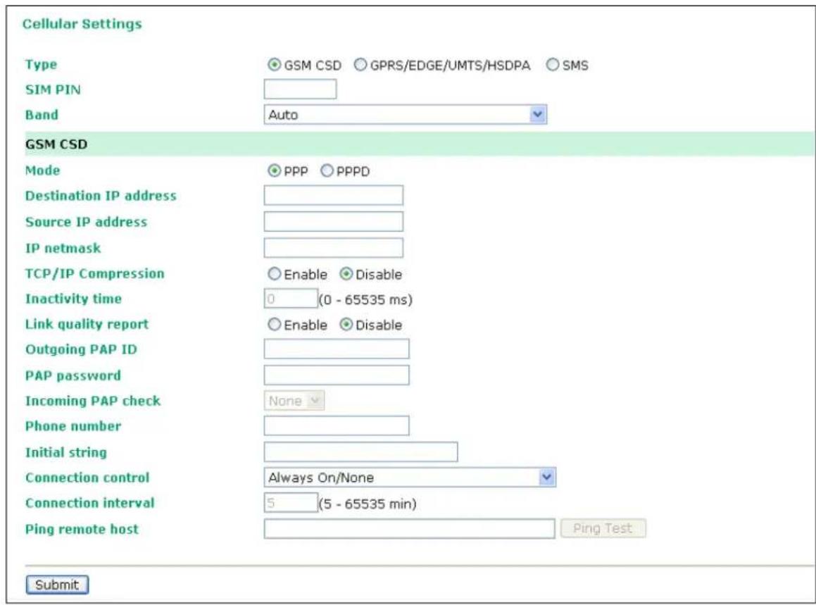 Cellular Settings Type GSM CSD GPRS/EDGE/UMTS/HSDPA SMS SIM PIN Band Auto GSM CSD Mode PPP PPPD Destination IP address Source IP address IP netmask TCP/IP Compression Enable Disable Inactivity time 0 (0 - 65535 ms) Link quality report Enable Disable Outgoing PAP ID PAP password Incoming PAP check None Phone number Initial string Connection control Always On/None Connection interval 5 (5 - 65535 min) Ping remote host Ping Test Submit
