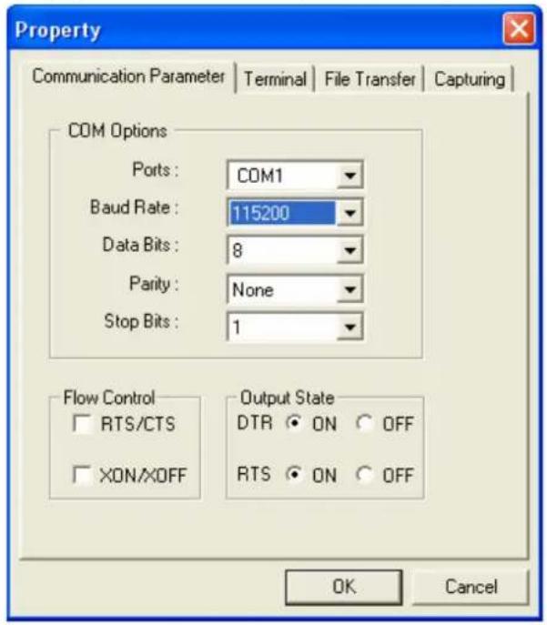 Property Communication Parameter | Terminal | File Transfer | Capturing | COM Options Ports : COM1 Baud Rate : 115200 Data Bits : 8 Parity : None Stop Bits : 1 Flow Control RTS/CTS XON/XOFF Output State DTR ON OFF RTS ON OFF OK Cancel
