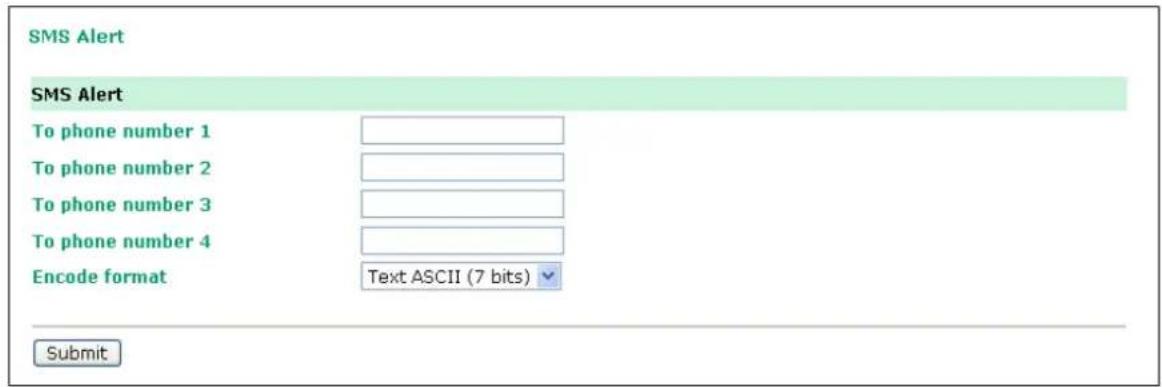 SMS Alert SMS Alert To phone number 1 To phone number 2 To phone number 3 To phone number 4 Encode format Text ASCII (7 bits) Submit