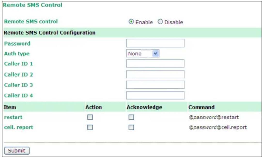 Remote SMS Control Remote SMS control Enable Disable Remote SMS Control Configuration Password Auth type None Caller ID 1 Caller ID 2 Caller ID 3 Caller ID 4 Item Action Acknowledge Command restart □ □ @password@restart cell. report □ □ @password@cell.report Submit