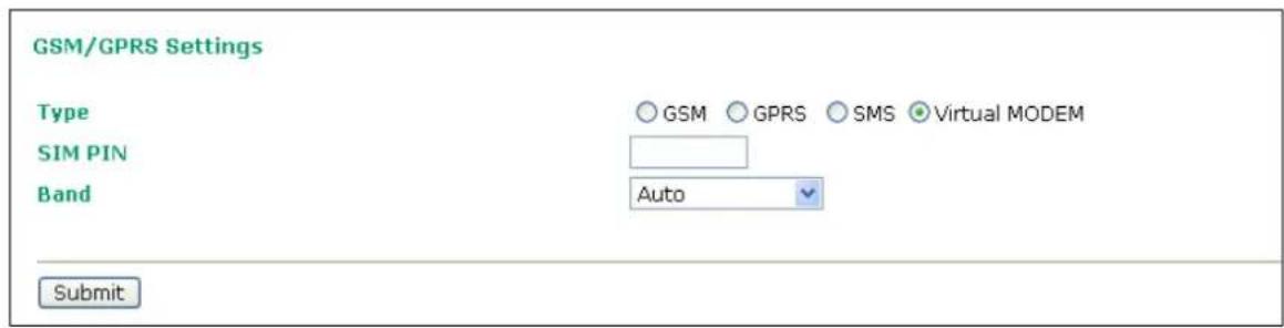 GSM/GPRS Settings Type GSM GPRS SMS Virtual MODEM SIM PIN Band Auto Submit