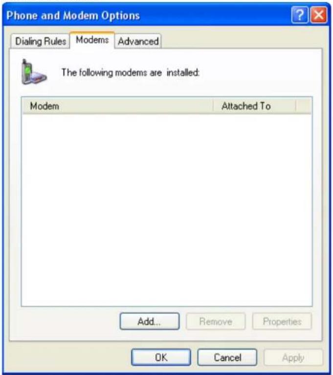 Phone and Modem Options Dialing Rules Modems Advanced The following modems are installed: Modem Attached To Add... Remove Properties OK Cancel Apply