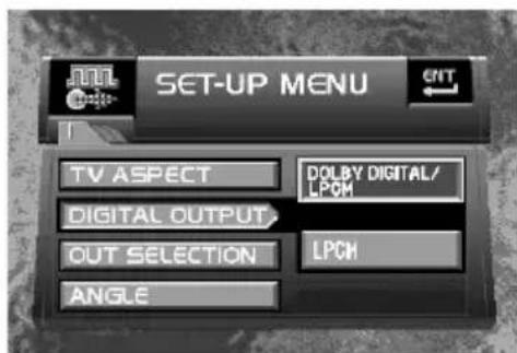 SET-UP MENU TV ASPECT DIGITAL OUTPUT OUT SELECTION ANGLE DOLBY DIGITAL/ LPCM LPCM