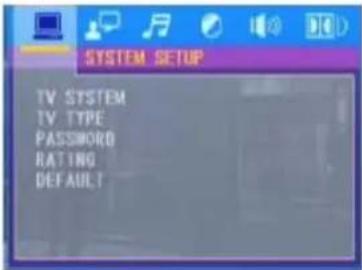 SYSTEM SETUP TV SYSTEM TV TYPE PASSWORD RATING DEFAULT