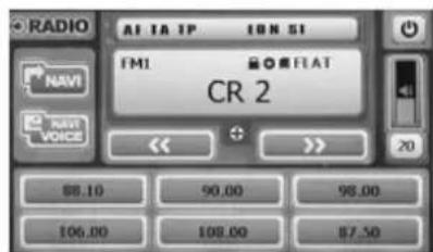 RADIO AI TA IP ION SI FM1 FRAT CR 2 NAV NEXT VOICE << >> 20 88.10 90.00 98.00 106.00 108.00 87.50