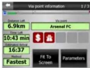 Via point information 1 / 3 Distance Left 6.9km Time Left 10:43 min Estimated Arrival 16:37 Manual Fastest Via point Arsenal FC Fit To Screen Parameters