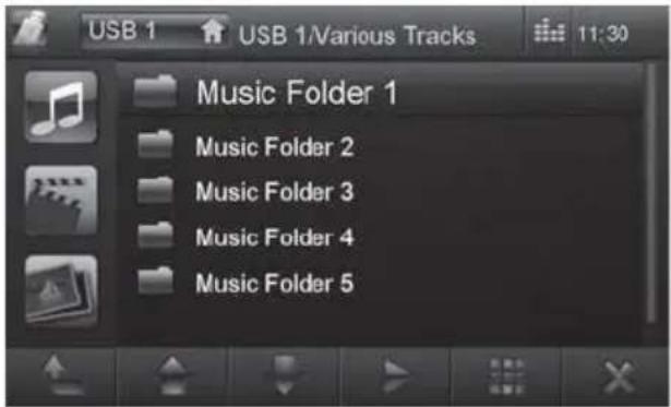 USB 1 USB 1/Various Tracks 11:30 Music Folder 1 Music Folder 2 Music Folder 3 Music Folder 4 Music Folder 5