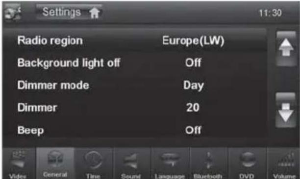 Settings 11:30 Radio region Europe(LW) Background light off Off Dimmer mode Day Dimmer 20 Beep Off Video General Time Sound Language Bluetooth DVD Volume