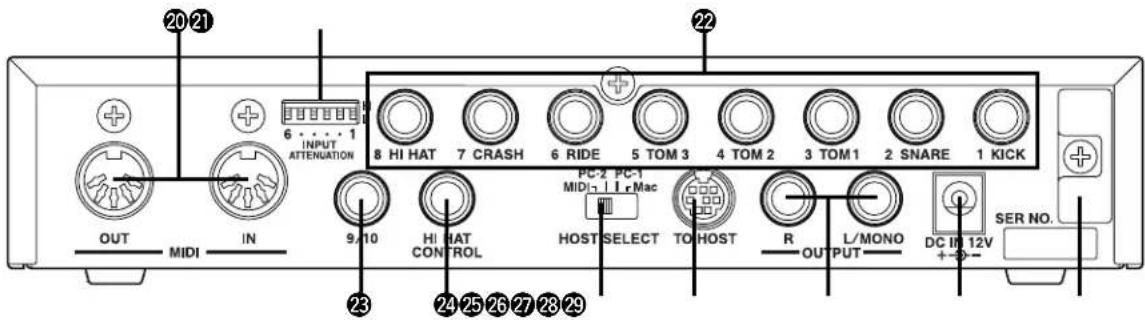 20 21 6 1 INPUT ATTENUATION 8 HI HAT 7 CRASH 6 RIDE 5 TOM 3 4 TOM 2 3 TOM 1 2 SNARE 1 KICK OUT MIDI IN 9/10 HI MAT CONTROL PC-2 PC-1 MIDI: 1.1 Mac HOST SELECT TO HOST R L/MONO DC IN 12V + - + SER NO.