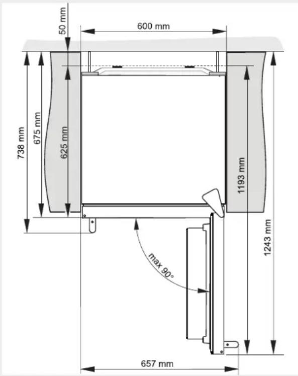 50 mm 600 mm 738 mm 675 mm 625 mm 1193 mm 1243 mm max 90° 657 mm