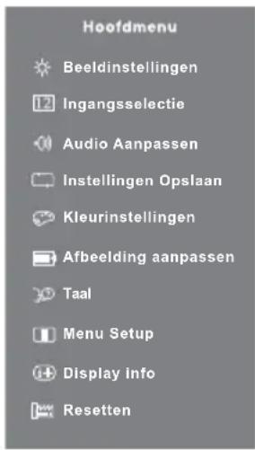 Hoofdmenu Beeldinstellingen Ingangsselectie Audio Aanpassen Instellingen Opslaan Kleurinstellingen Afbeelding aanpassen Taal Menu Setup Display info Resetten