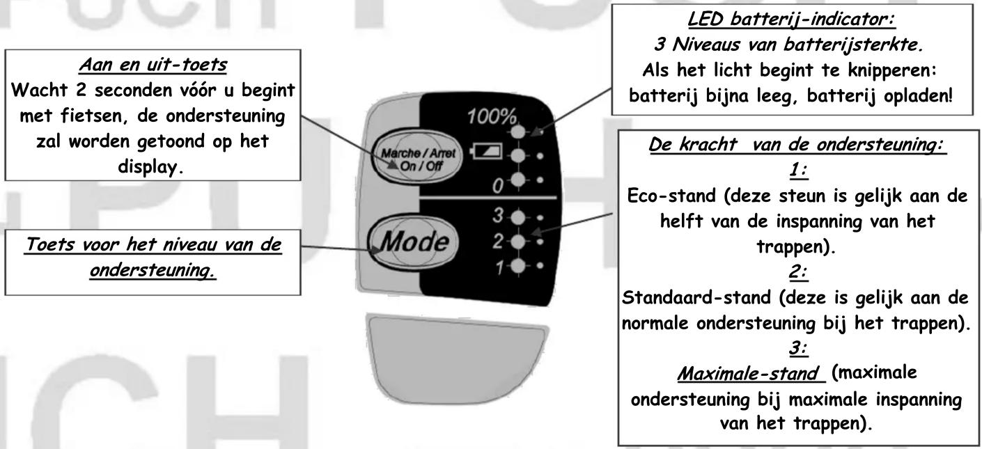 Aan en uit-toets Wacht 2 seconden vóór u begint met fietsen, de ondersteuning zal worden getoond op het display. Toets voor het niveau van de ondersteuning. 100% Marche / Arret On / Off Mode 3 2 1 LED batterij-indicator: 3 Niveaus van batterijsterkte. Als het licht begint te knipperen: batterij bijn…