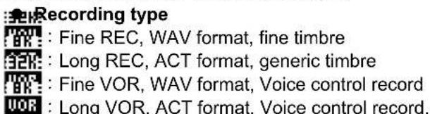 Recording type : Fine REC, WAV format, fine timbre : Long REC, ACT format, generic timbre : Fine VOR, WAV format, Voice control record : Long VOR, ACT format, Voice control record.