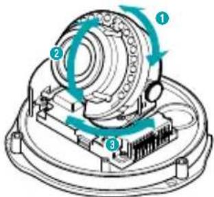 Technical diagram of a mechanical assembly with numbered components and rotational arrows indicating motion or flow.