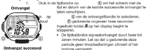 1. Druk in de tijdfunctie op E om het scherm met de tijd en datum van de laatste succesvolle ontvangst te laten verschijnen. E om de ontvangstfunctie te selecteren. E gedurende ongeveer twee seconden ingedrukt totdat op het display begint te knipperen. • De tijdkalibratie-signaalontvangst duurt twee tot zeven minuten. Let op dat u gedurende deze periode geen knopbedieningen uitvoert of het horloge verplaats. Ontvangst succesvol