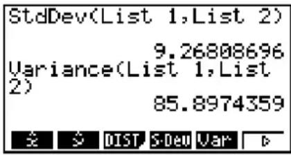 StdDev(List 1,List 2) 9.26808696 Variance(List 1,List 2) 85.8974359