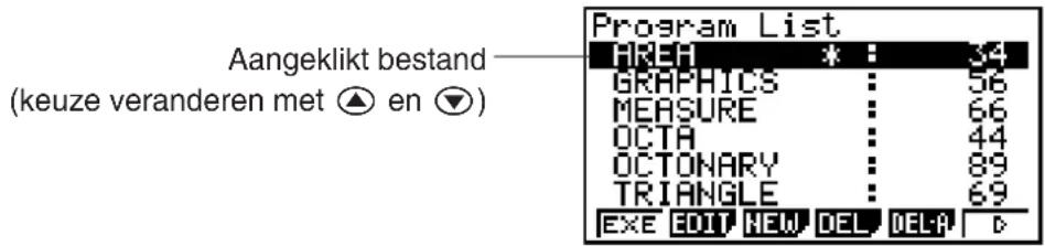 Aangeklikt bestand (keuze veranderen met ▲ en ▼) Program List HREF * : 34 GRAPHICS : 56 MEASURE : 66 OCTA : 44 OCTONARY : 89 TRIANGLE : 69 EXE EDIT NEW DEL DELP ▼