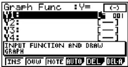 Graph Func :Y= Y1 Y2: Y3: Y4: 001 [—] [—] [—] INPUT FUNCTION AND DRAW GRAPH INS OUV NOTE AUTO DEL DELA