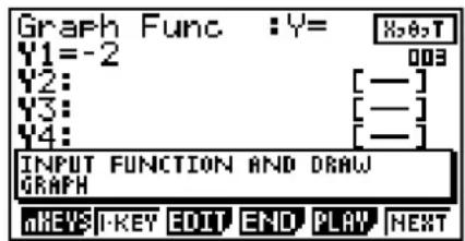 Graph Func :Y= Y1=-2 Y2: Y3: Y4: INPUT FUNCTION AND DRAW GRAPH aKEY | KEY EDIT END PLAY NEXT