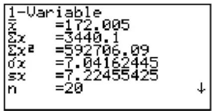 CASIO FX-9860GII V2.0 - Voorbeeld Onderstaande tabel geeft het resultaat van het meten van de lengte van 20 studenten. Welk percentage studenten heeft een grootte tussen 160,5 cm en 175,5 cm, en in welk percentiel vindt u de student van 175,5 cm? - 2