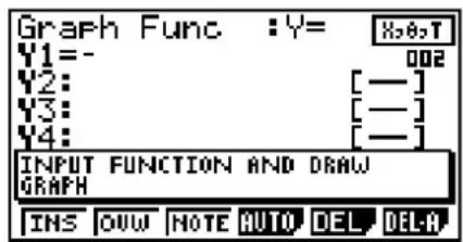 Graph Func :Y= Y1=- Y2: [—] Y3: [—] Y4: [—] INPUT FUNCTION AND DRAW GRAPH INS OUV NOTE AUTO DEL DELR