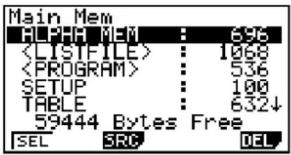 Main Mem ALPHA MEN : 696 : 1068 : 536 SETUP : 100 TABLE : 632↓ 59444 Bytes Free SEL SRC DEL