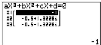 aX³+bX²+cX+d=0 X1[ -1] X2 [ -0.5+1.3228i ] X3 [ -0.5-1.3228i ] - 1
