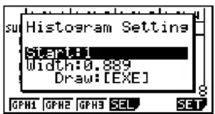 su Histogram Setting Start:1 Width:0.889 Draw:[EXE] GPH1 GPH2 GPH3 SEL SET