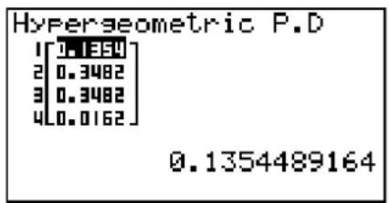 Hypergeometric P.D 1[0.1354] 2[0.3482] 3[0.3482] 4[0.0162] 0.1354489164