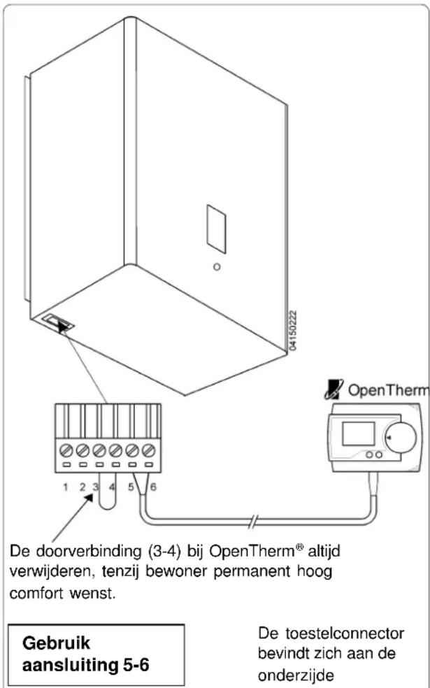 0415022 De doorverbinding (3-4) bij OpenTherm® altijd verwijderen, tenzij bewoner permanent hoog comfort wenst. Gebruik aansluiting 5-6 De toestelconnector bevindt zich aan de onderzijde